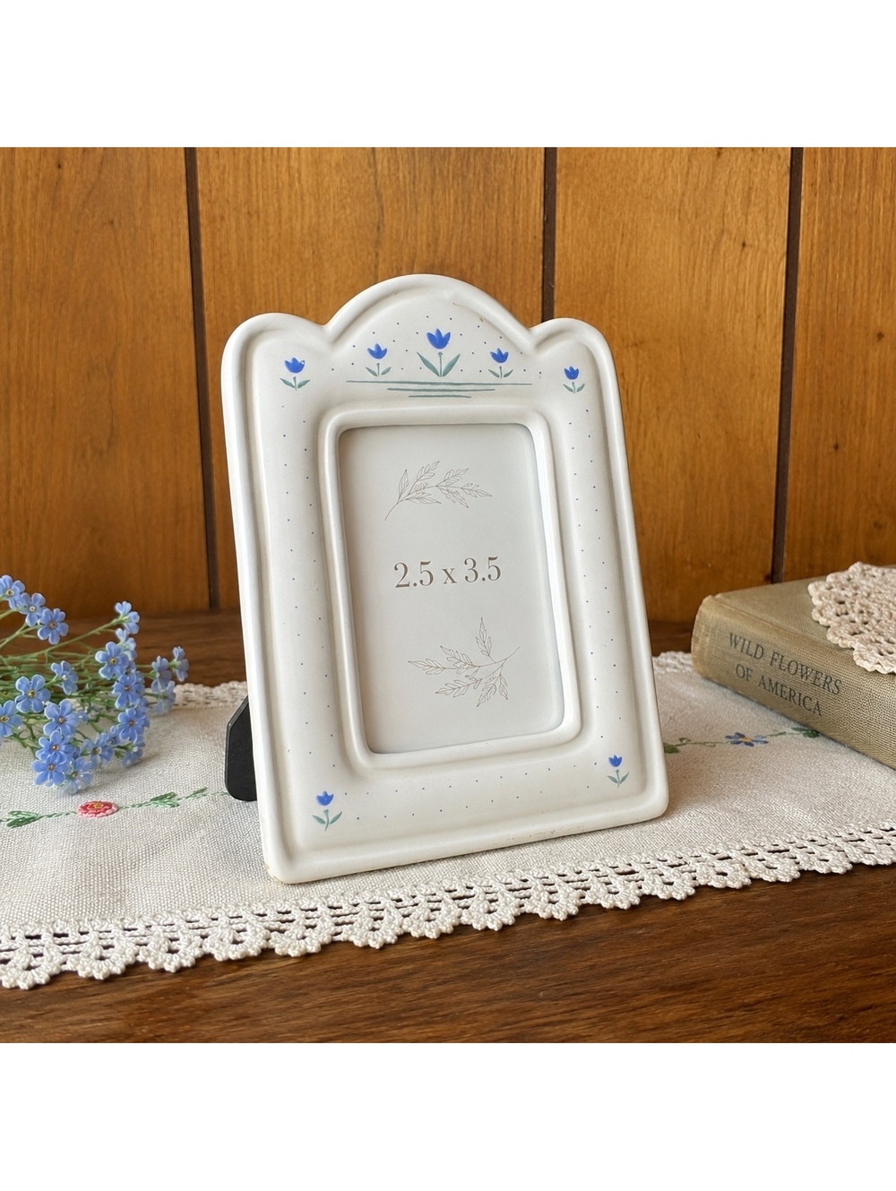 Vintage Ceramic Photo Frame Blue Tulip Floral 2.5x3.5 photo Frame Cottage Decor